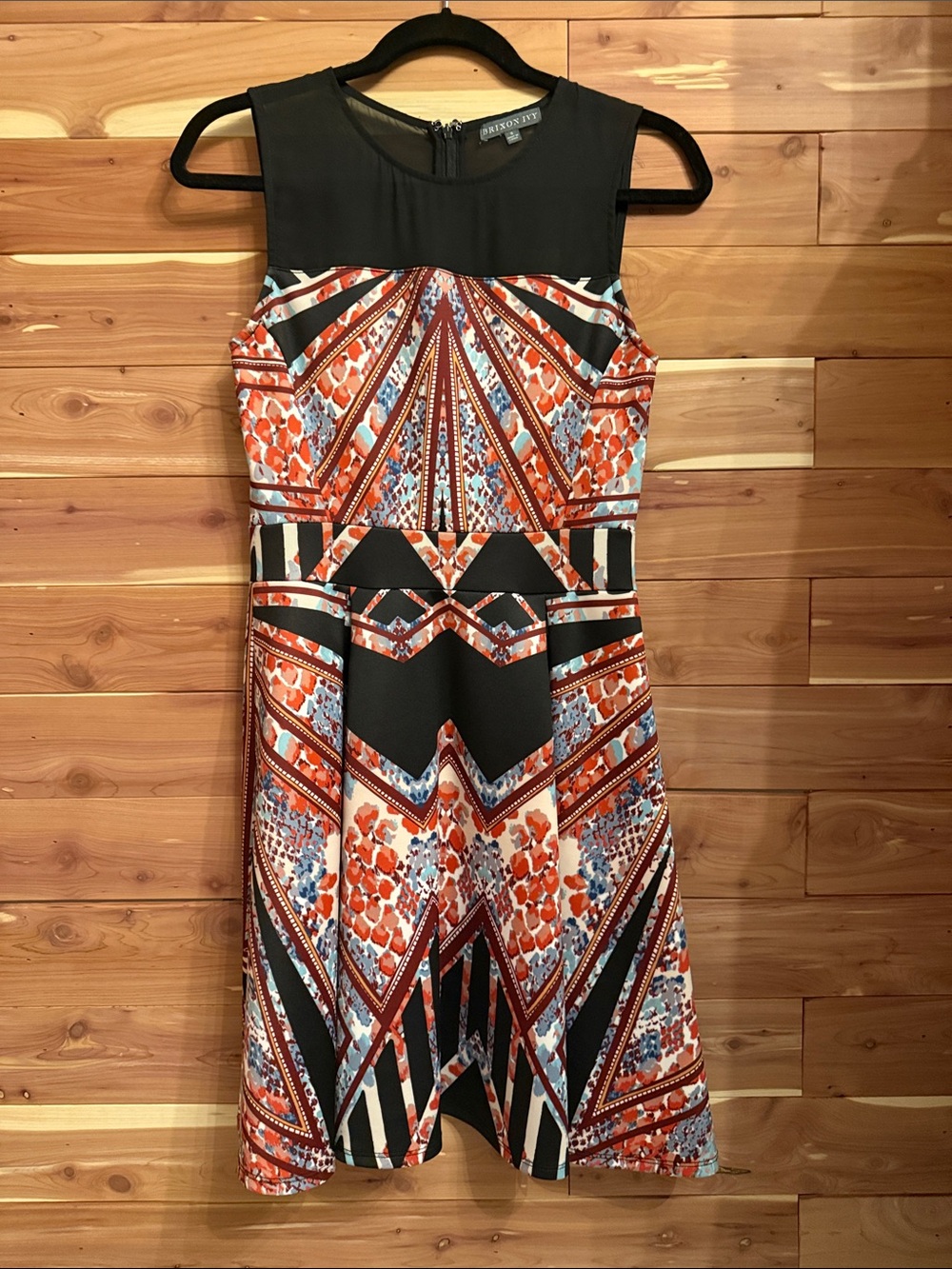 Brixon Ivy Black and Orange Geometric Print Sleeveless Midi Dress